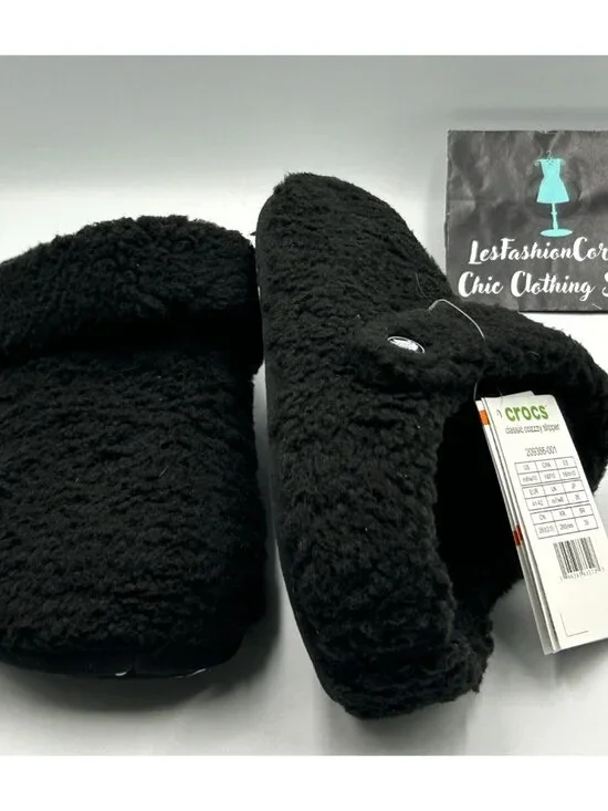 NWT Crocs Men's Classic Black Fleece Cozzzy Fuzzy Slippers Size 8 3290 - Picture 7 of 15